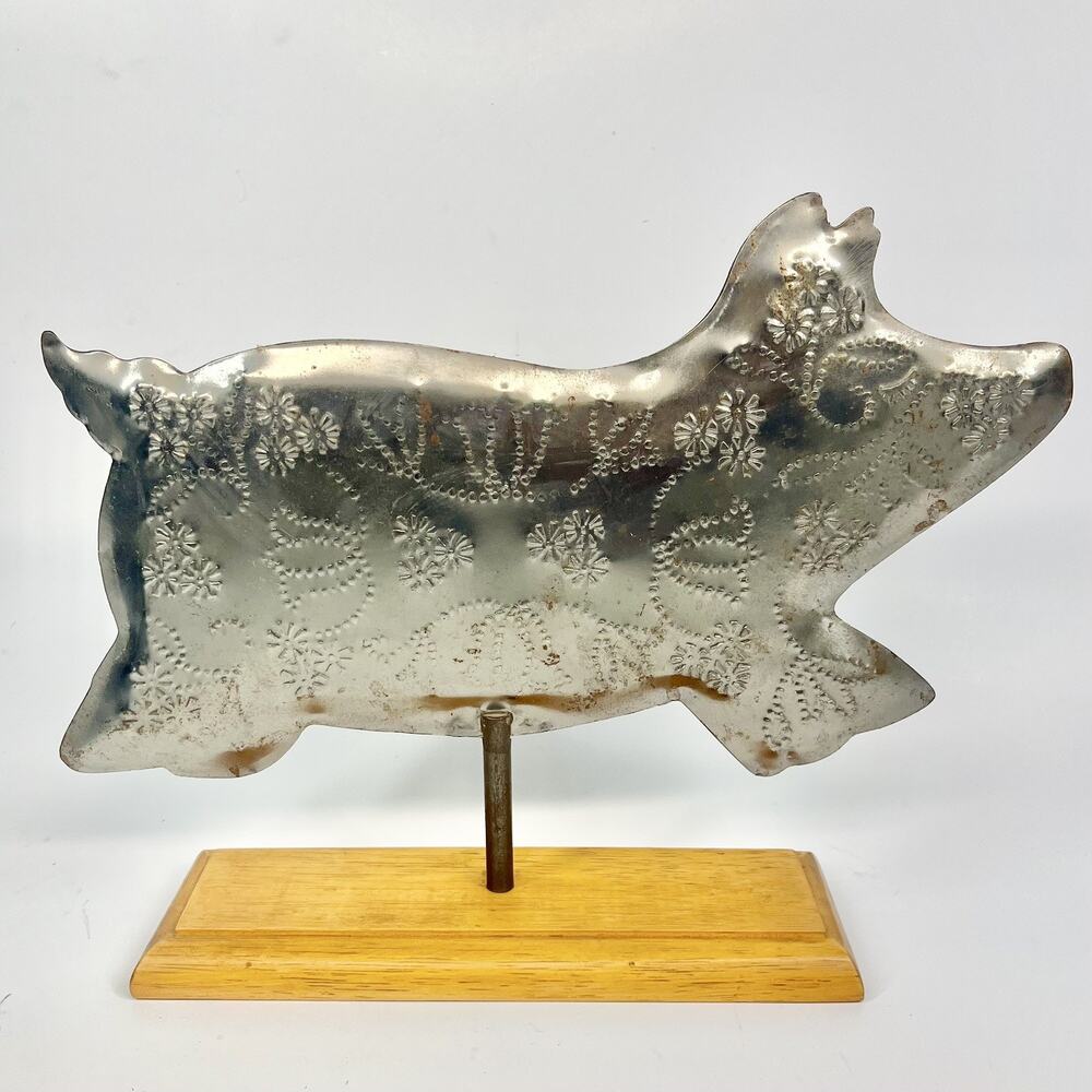 Hand Crafted Floral Embossed Metal Tin Pig Figure Art Rustic Farmhouse Decor